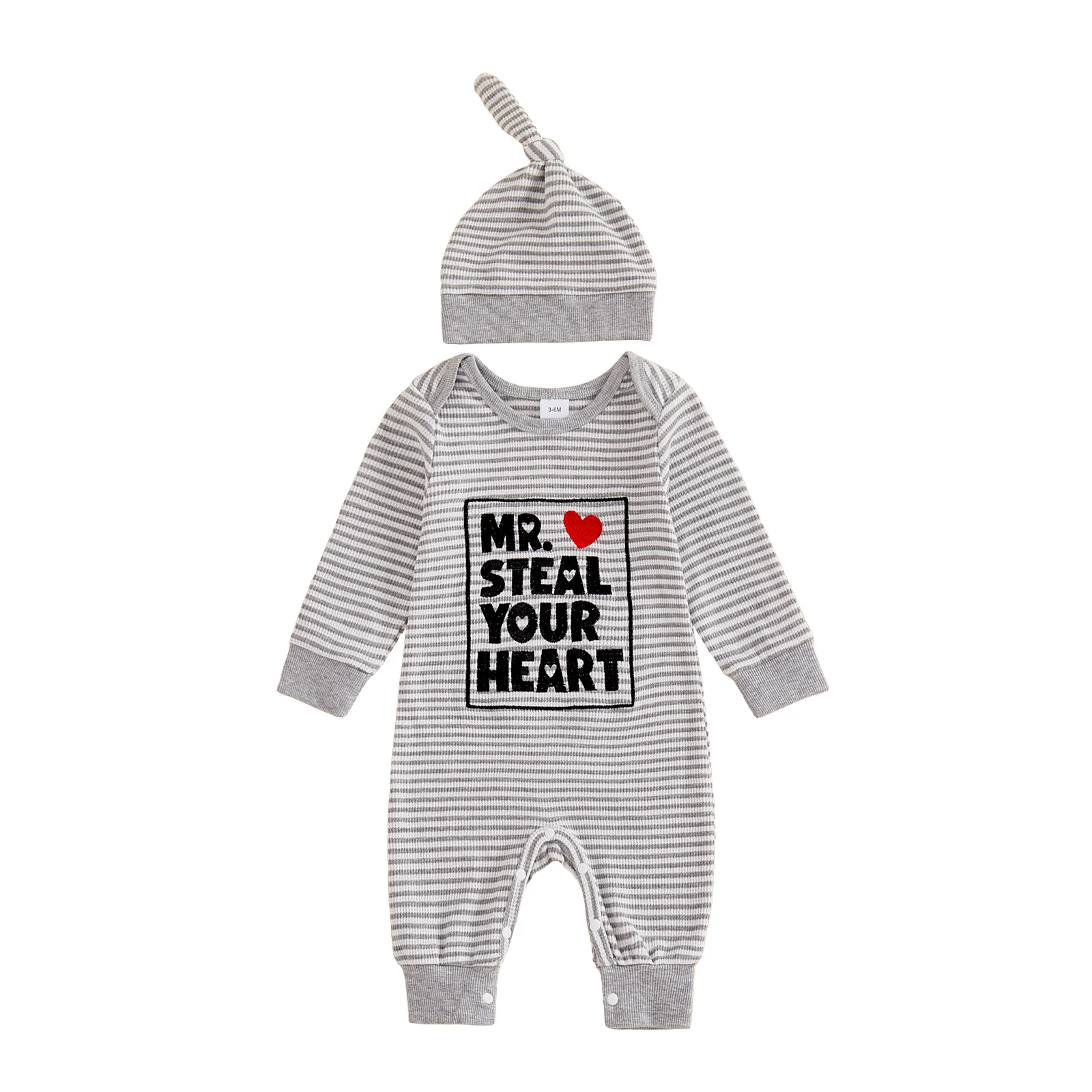 Baby Boys Jumpsuit Set Long Sleeve Crew Neck Stripes Letters Romper with Hat Valentine’s Day Outfit