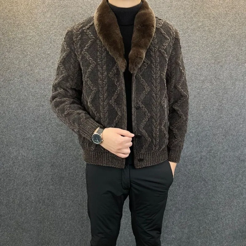 Luxury-sleek Versatile Sweater Turn-down Collar Jacket Men's Short-sleeved Slim-fit Casual All-purpose Warm Coat Autumn Winter