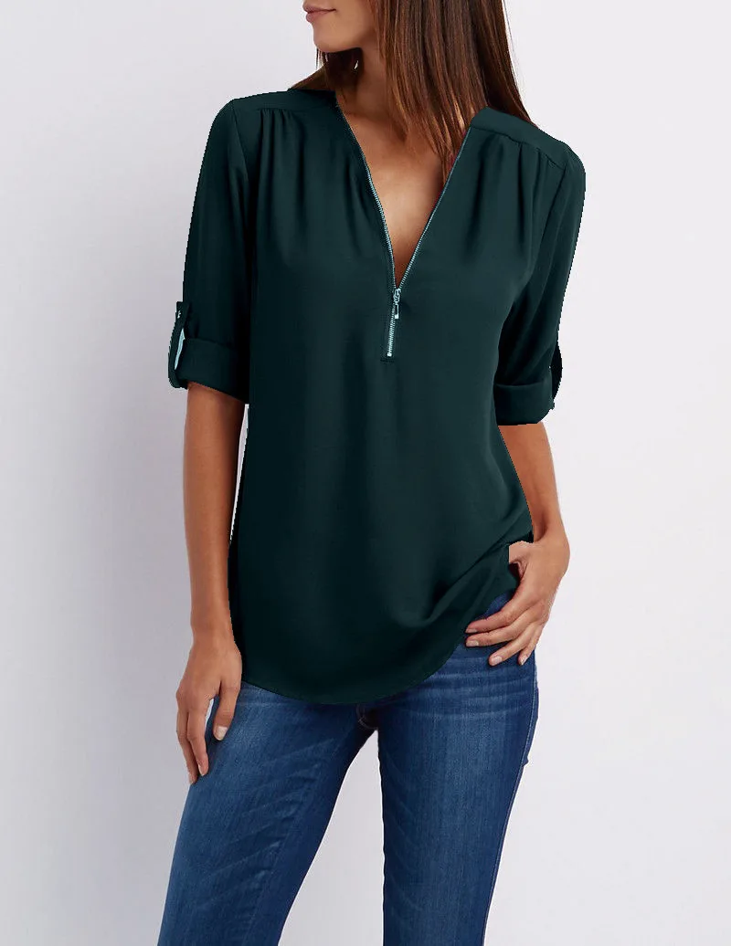 Zipper Short Sleeve Women Shirts Sexy V Neck Solid Color Loose Chiffon Blouse Top Office Lady Casual Oversize T-shirt