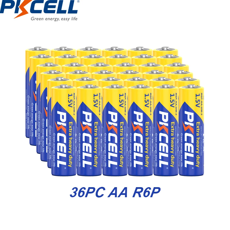 

36 упаковок PKCELL AA R6P UM3 MN1500 E91 1,5 В, сухие батареи, сверхпрочные 2 А для радиоприемников, игрушек, щелочных батарей