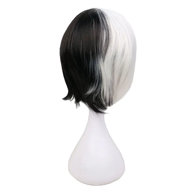 Half Black Half White Cosplay Wig Short Costume Synthetic Hair Cos Cruella DeVille Wigs Peruca Pelucas