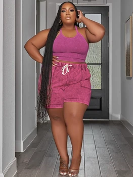 2 Pieces Set Sexy Plus Size Summer Fashion Women Set Female Tops Sleeveless Tops And Shorts Suit Matching Outfit Oversized