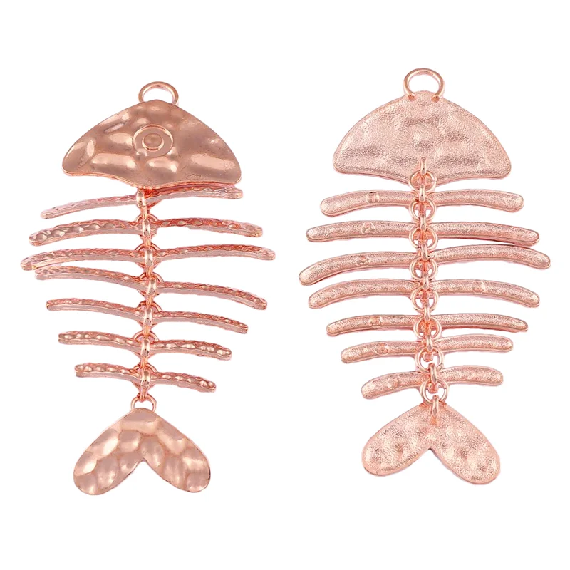 2 x Fancy Rose Color Large Hammered FishBone Moveable Skeleton Punk Charms Pendants For DIY Necklace Jewelry Making Findings