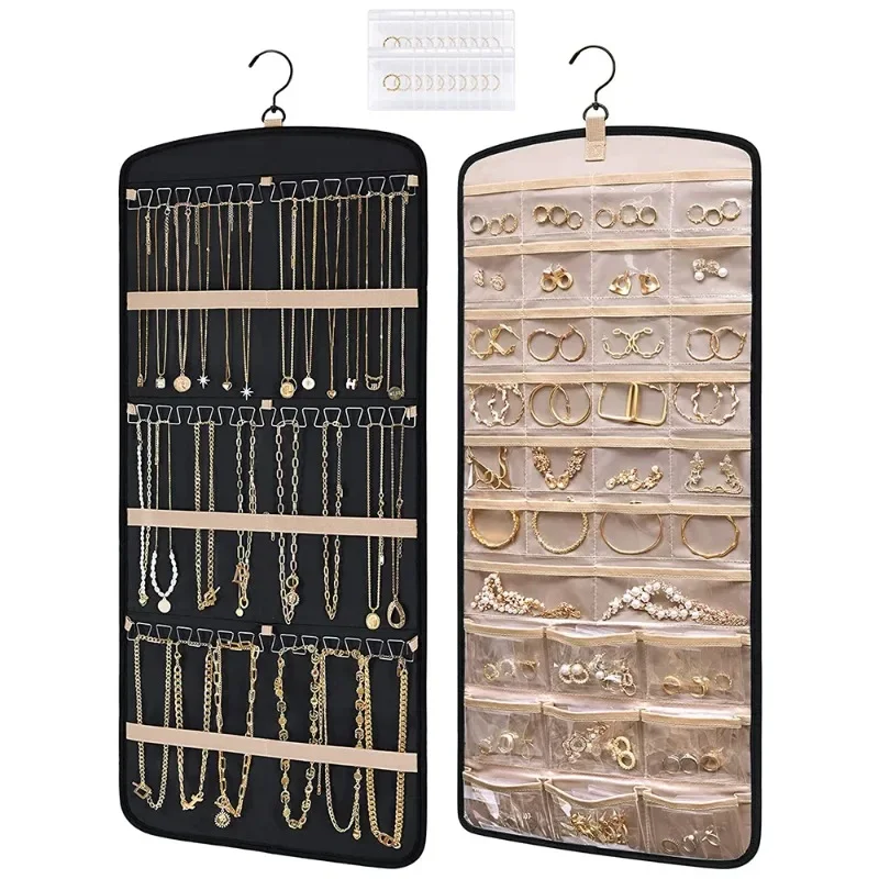 Travel Portable Wall Hanging Jewelry Organizer Necklace Holder Anti-tangle Earrings Hanger with 20 Bags Storage Roll