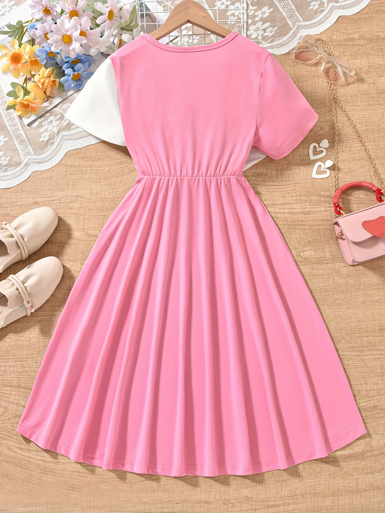 Girls' Spring and Summer Sweet Style Pink Short-sleeve Dress with Bowknot