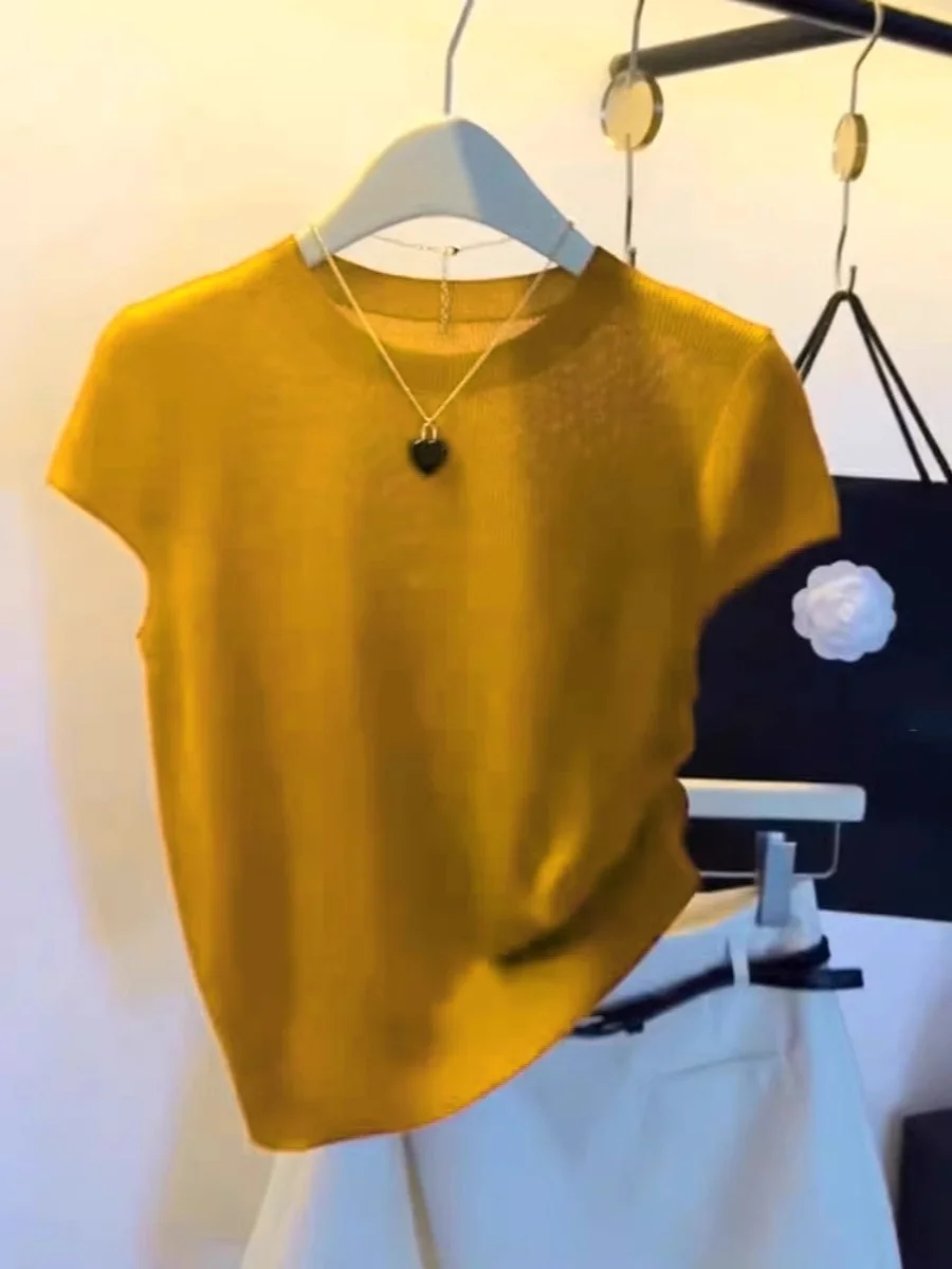 

High-End Yellow round Neck Ice Silk Knitted Short Sleeve T-Shirt Women's Summer Versatile Shoulder Level Top Guangzhou Thirte...