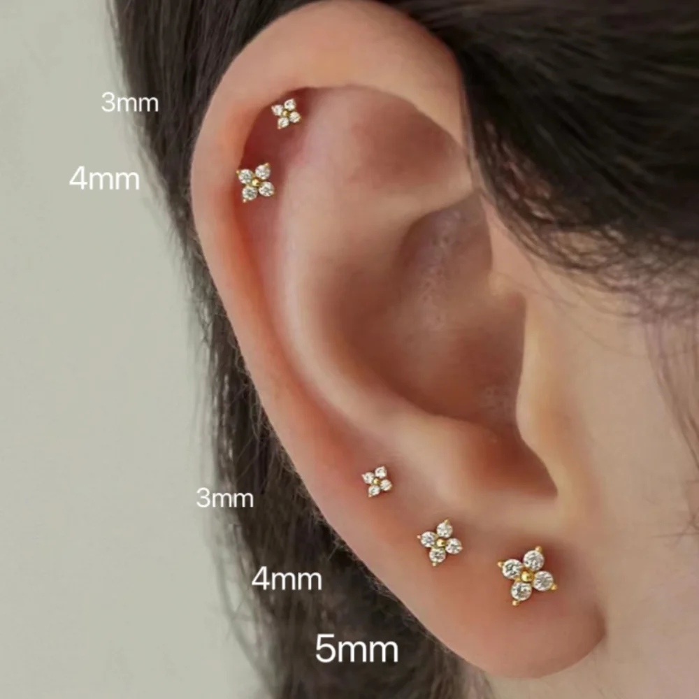 Dainty Flower Stainless Steel Butterfly Stud Earrings for Women Cartilage Ear Ring Cute Zircon Gold Color Clover Jewelry Gift