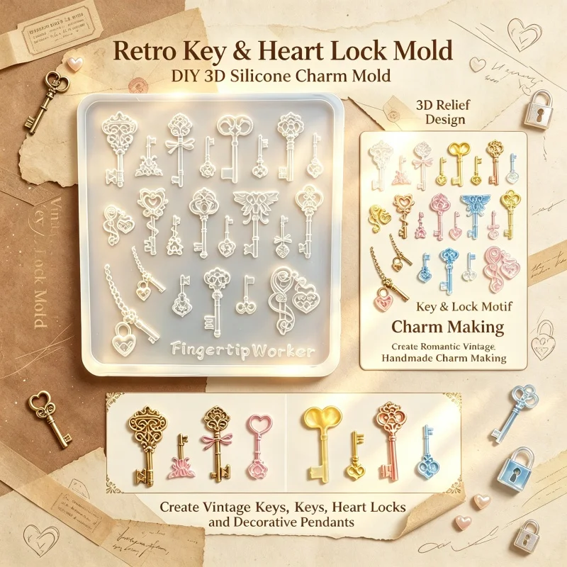 Retro-Schlüssel- und Herzschloss-Silikonform, DIY 3D-Mini-Anhänger-Charm-Form – Detail 1