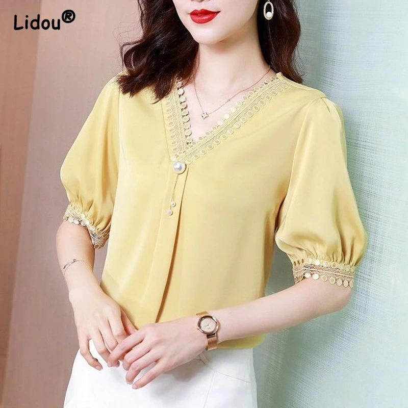 

Elegant Fashion V-neck Lace Summer Solid Color Blouses Loose Straight Short Sleeve Tops Thin Comfortable Wild Women Clothing