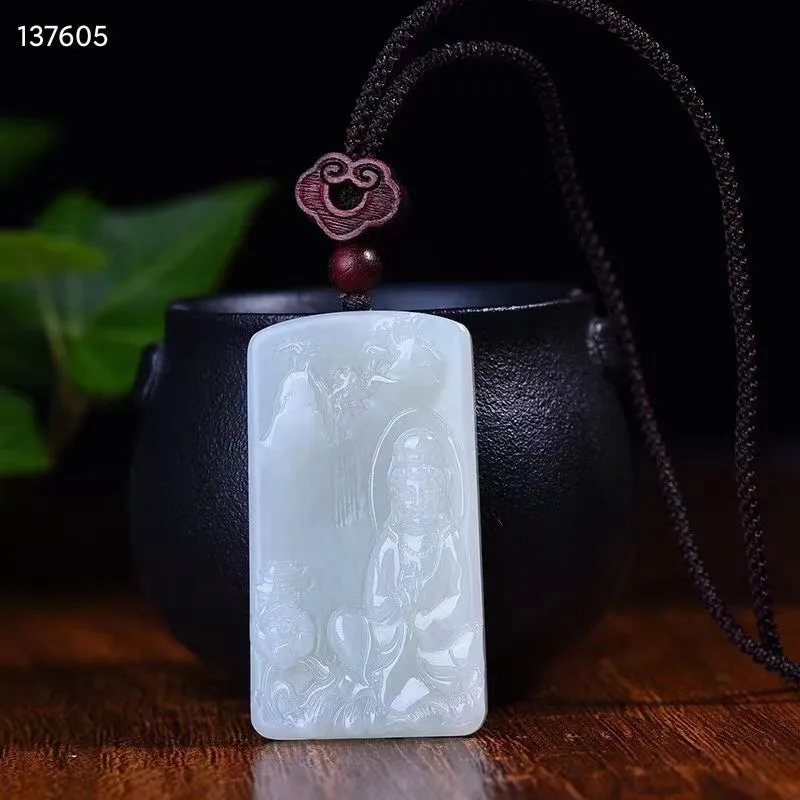 

Natural 100% real green white hetian jade carve guanyin and Lotus flower Bless peace pendant jewellery for men women gifts luck