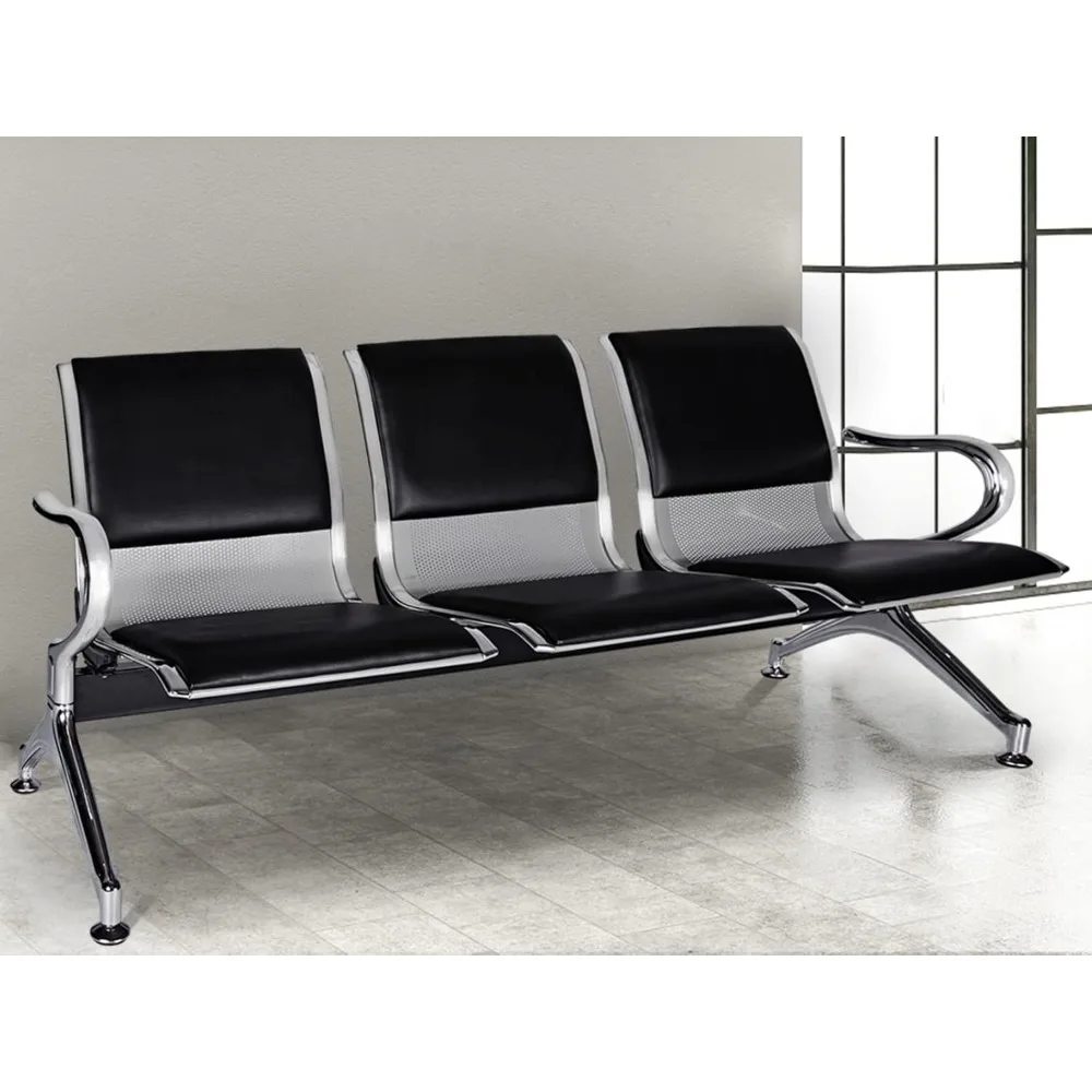 

Waiting Room Chair Bench - Guest Reception Chairs for Airport Hospital Salon Barber Hall Room Conference (3-seat, Black-Mesh+PU)