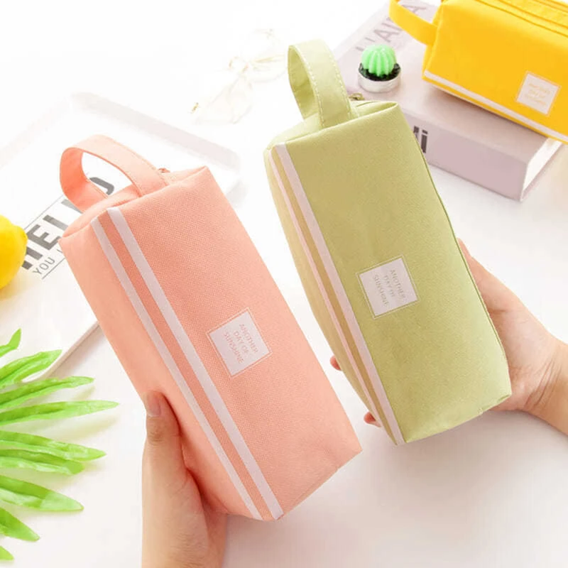 Portable Canvas Large Capacity Pencil Bag Oxford Cloth Cute Pen Case 2 Layers Portable Zipper Pencil Pouch School Supplies