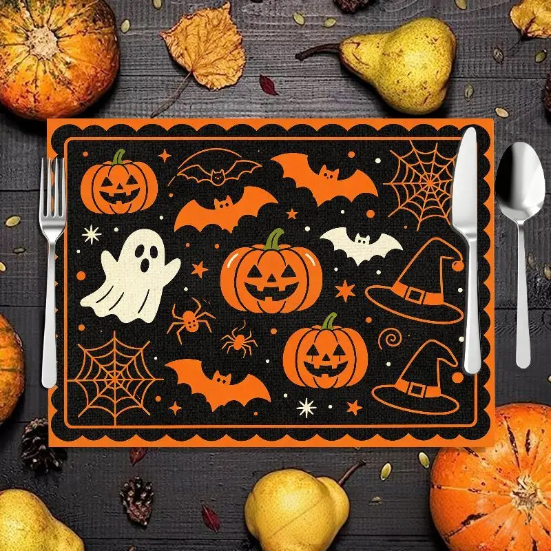 VIKAMA Ghost Pumpkin Witch Hat Halloween Placemat Linen Table Mat Spider Web Bat Pattern Heat Resistant Decor