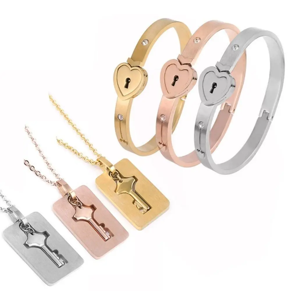 Stainless Steel Couple Jewelry Bracelet Lock and Key Matching Heart Lock Bracelets Metal Bangles For Lover Key Pendant Necklace