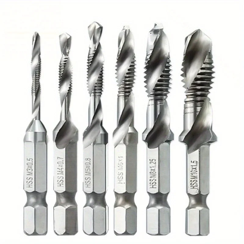 6Pcs/Set Titanium Coated HSS Tap Drill Bits Hex Shank Screw Thread Bit M3 M4 M5 M6 M8 M10 for Screw Machine Compound Tap