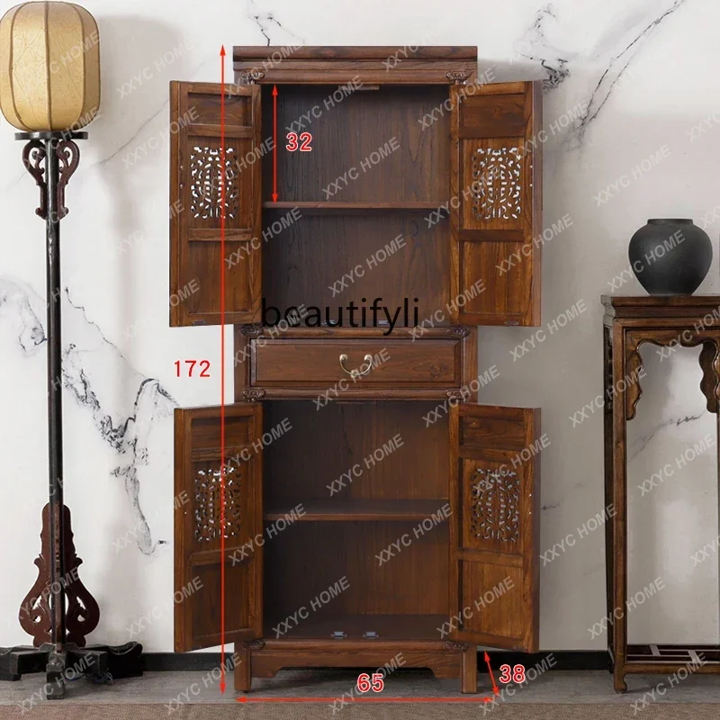 TT Chinese Traditional Carved Bookcase Solid Wood  Classical Living Room Storage Side Cabinet Elm Wood Vintage Wine Cabinet