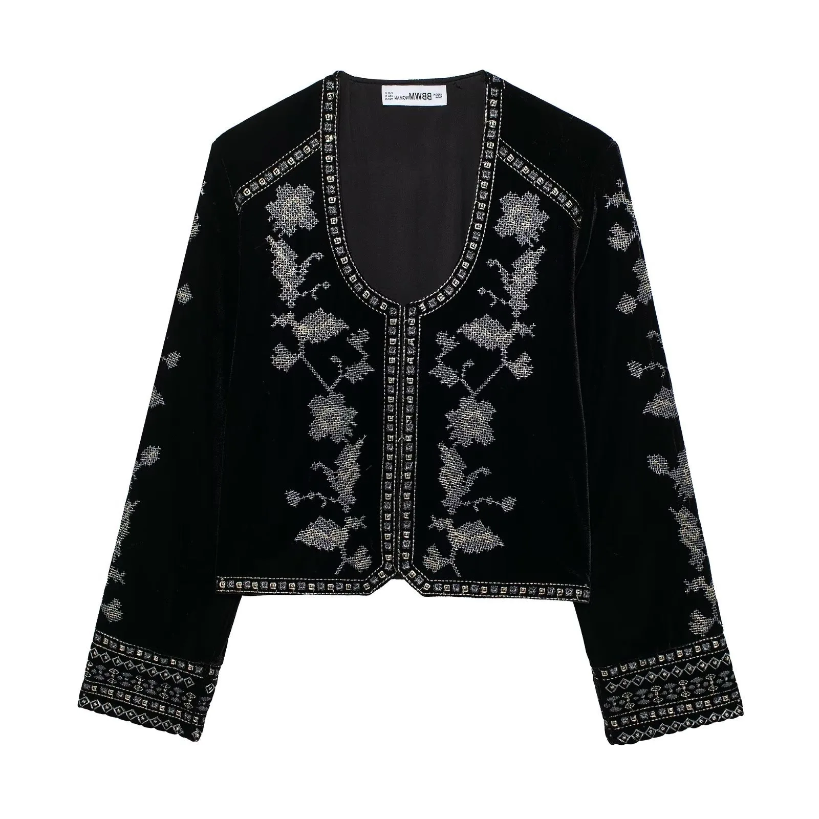 Women Embroidered Velvet Crop Jacket Deep U Neck Long Sleeve Floral Embroidery Boho Casual Short Coat