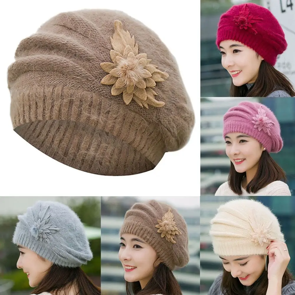 

Keep Warm Knitted Wool Winter Flower Hat Warm Pure Color Women's Cap Soft Female Berets Autumn Winter
