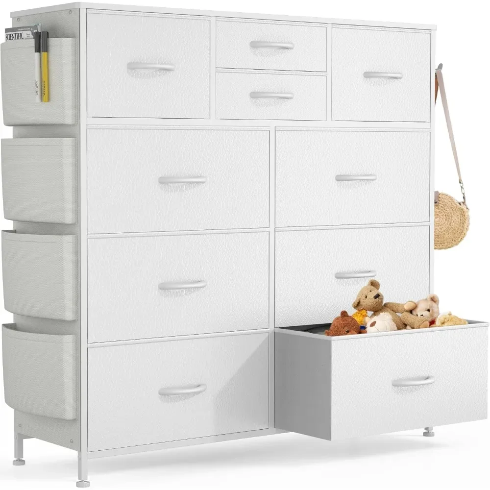 Dresser for Bedroom with 10 Drawers, Chest of Drawers with Side Pockets and Hooks, PU Storage Dresser, Organizer Unit