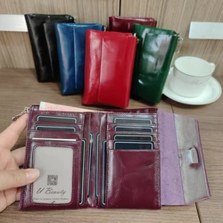 Vintage Oil Waxed Genuine Cow Leather Short Wallet Women High Quality Retro Cowhide Flap Over ID Card Holder Money Bag Purse