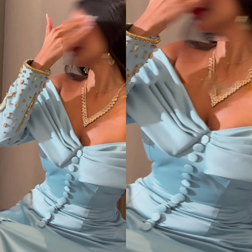

Customized Fashion Blue Satin Evening Dress Elegant Graceful Strapless Cap Sleeve Long Sleeves Zipper Back Homecoming Dress