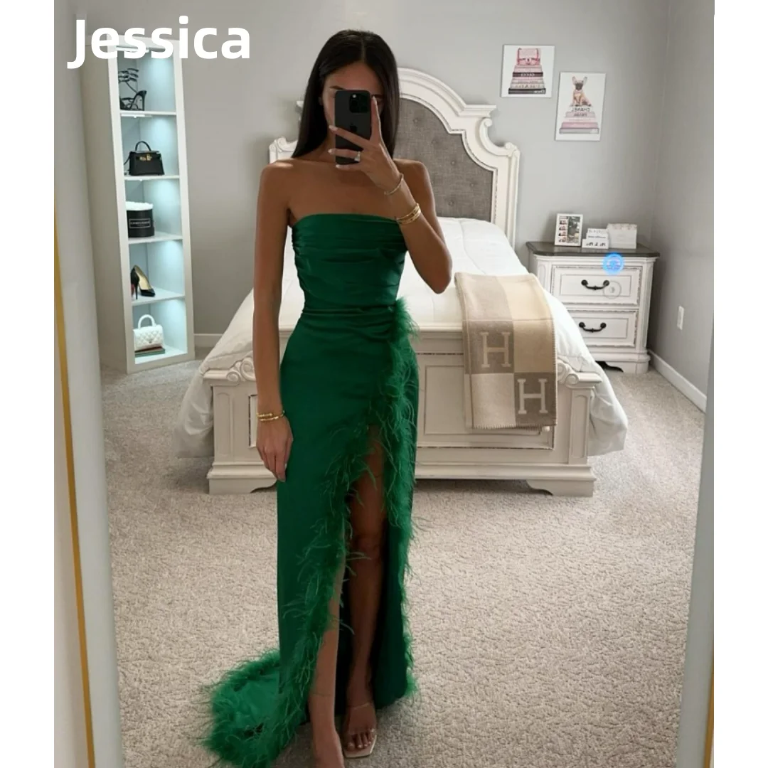 

Jessica Green silk-satin Prom Dresses Mermaid Feathers Evening Dress 2024 Wedding Party Dress Women Dresses For Wedding Guests