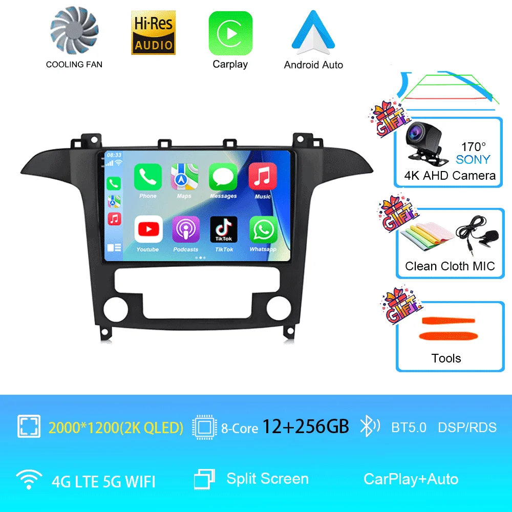 Android 16 voor Ford S-Max S-MAX 2007 2008 2009 2010 2011 - 2015 Videospeler Carplay Auto Multimedia Autoradio WIFI+4G DSP Stereo