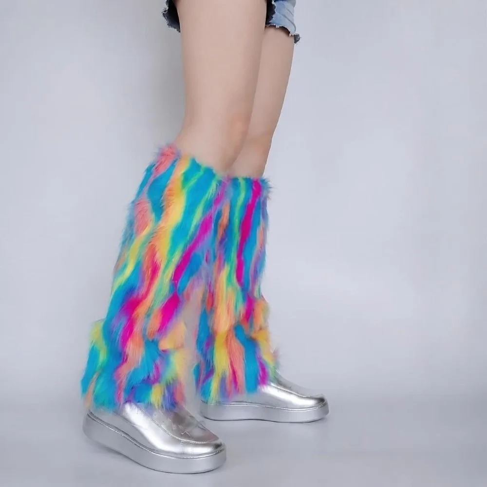 Fashion Winter Fur Leg Warmers Y2K Soft Knee Socks Harajuku Colorful Thigh High Socks for Women