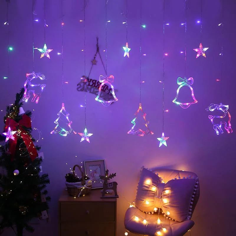 Creative 3.5M LED Deer Bell Xmas Tree Curtain String ไฟ EU Plug คริสต์มาส Garland Fairy ไฟสําหรับงานปาร์ตี้วันหยุดตกแต่ง