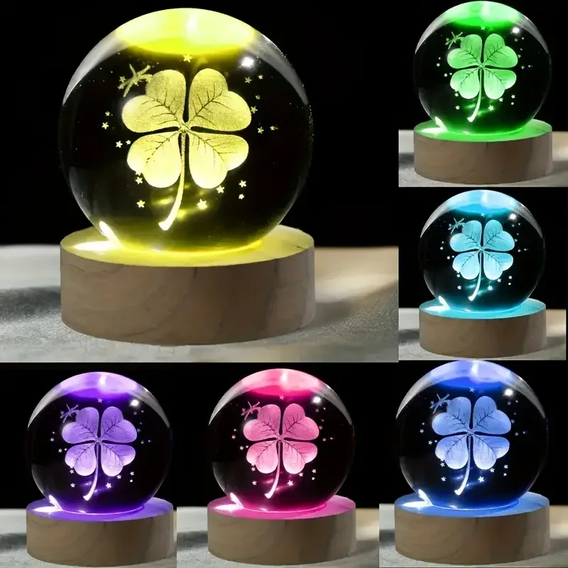 1pc 3D four-leaf clover crystal ball with colored light base, family bedroom decoration gift, birthday,  Mother\'s Day gift