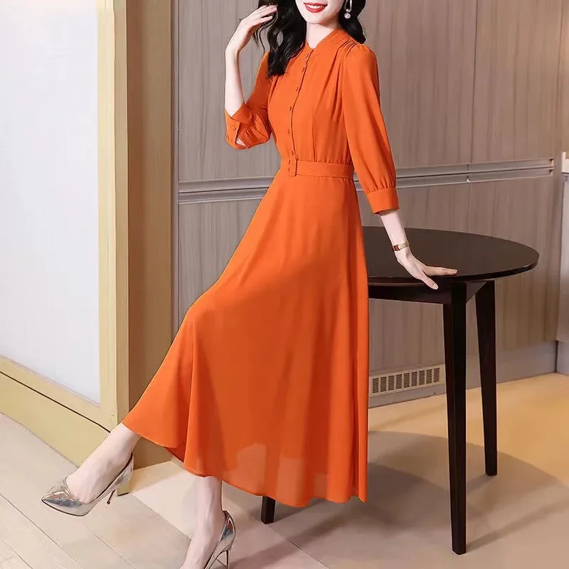 Dress Women Casual Vintage Three-Quarters Sleeve Summer Dress High Quality Vestidos Boho Style Ladies Party Mid Long Dress 2025