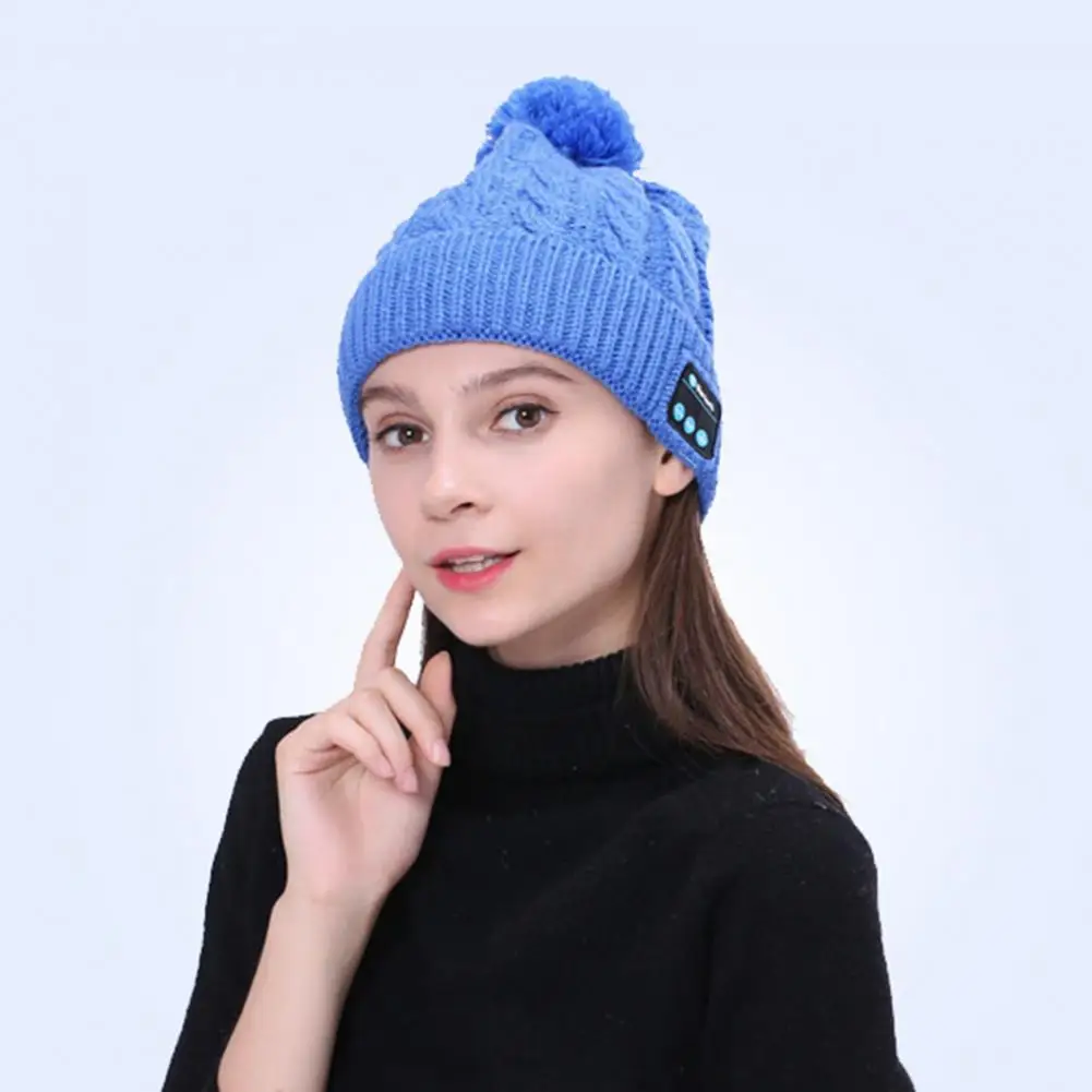 Unisex Knitting Hat Solid Color Bluetooth-compatible 5.0 Warm Hat Twist Texture Plush Ball Beanie Hat Wireless Headphones Beanie