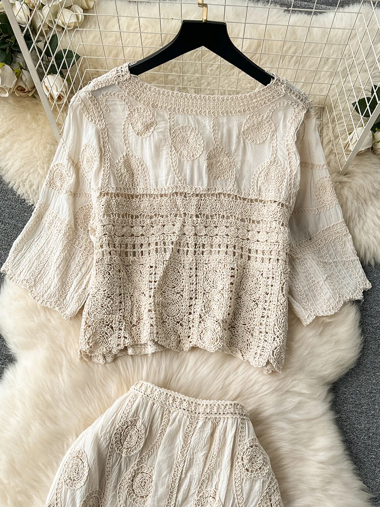 Zomer Boheemse Strandvakantie Set Dames Nieuwe Retro Veelzijdige Holle Korte Vest Halve Rok Tweedelige Set Trendy S43