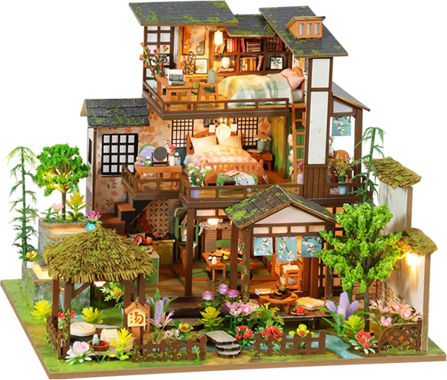 DIY Miniature House Kit with LED Lights, Bamboo Spring Courtyard Wooden Mini House Building Kit for Adults & Teens, Creative Cra