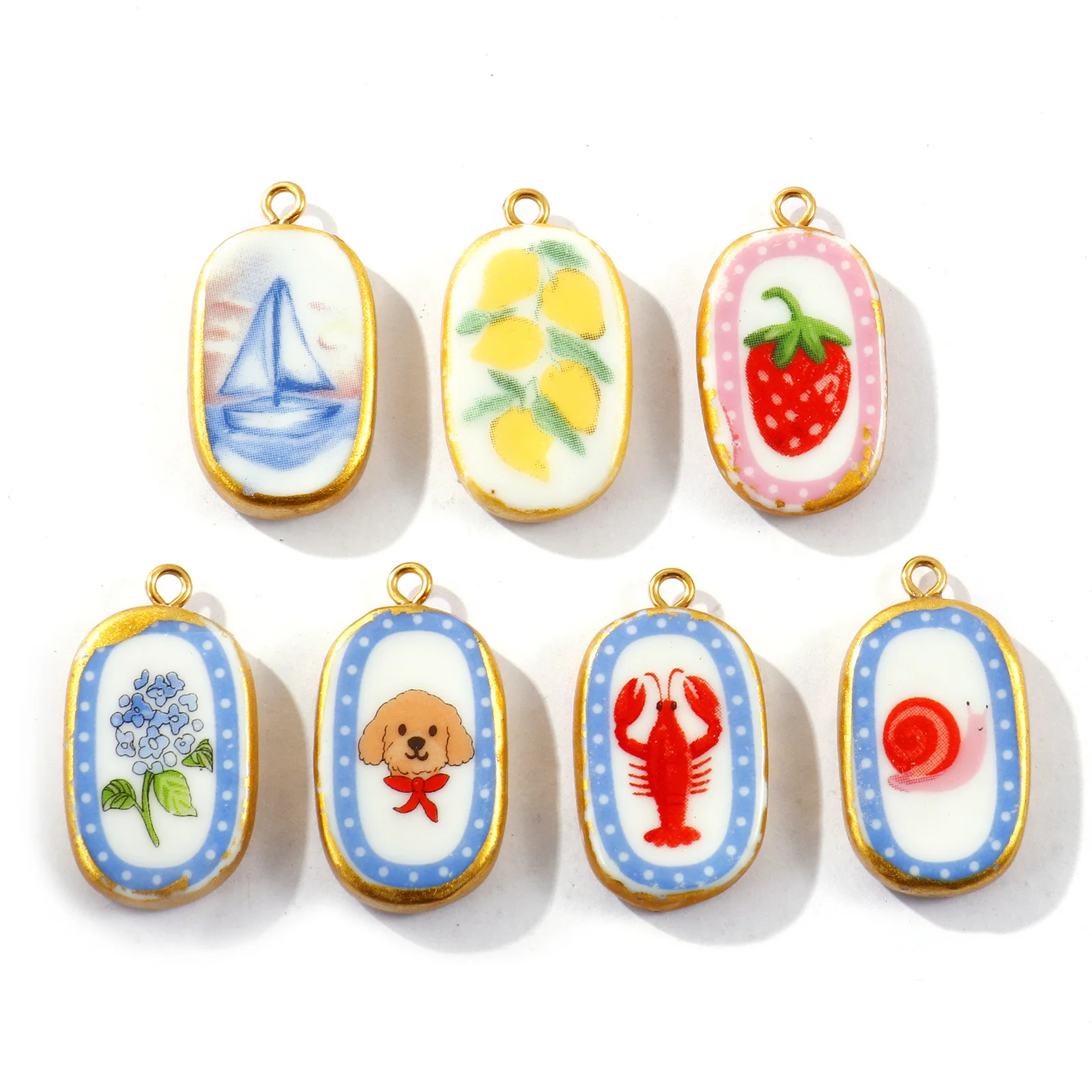 2 Peças de Pingentes de Cerâmica Oval com Estampa de Limão e Lagosta, Impermeáveis, em Aço Inoxidável 304 Banhado a Ouro 18K, para Colar DIY, 3cm x 1.6cm