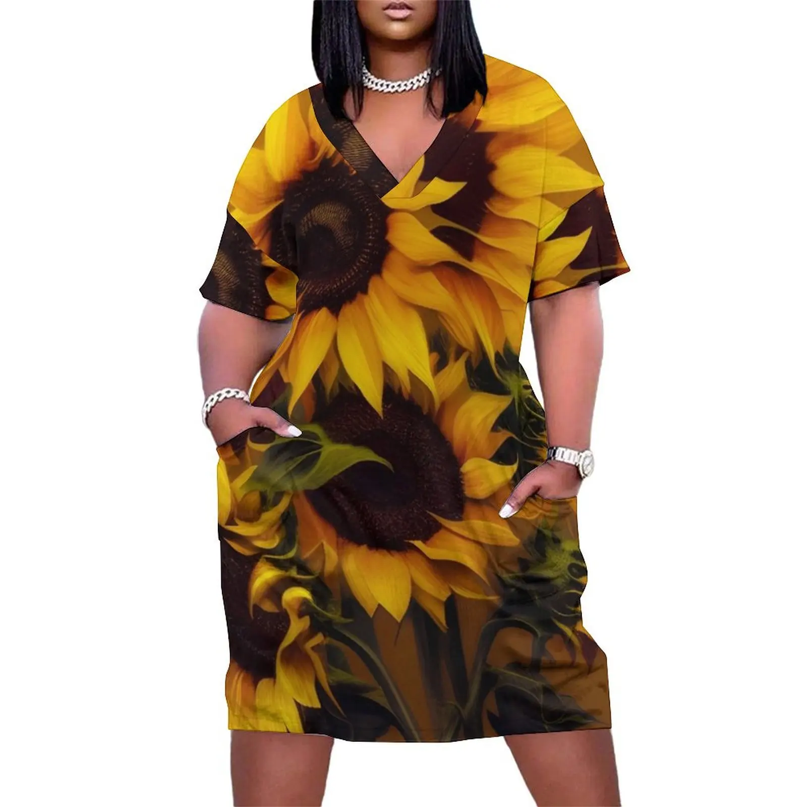 

Sunflower Oil Painting - Wherever life plants you, bloom with grace. Beautiful blooming garden of sunflowers. Loose Pocket Dress