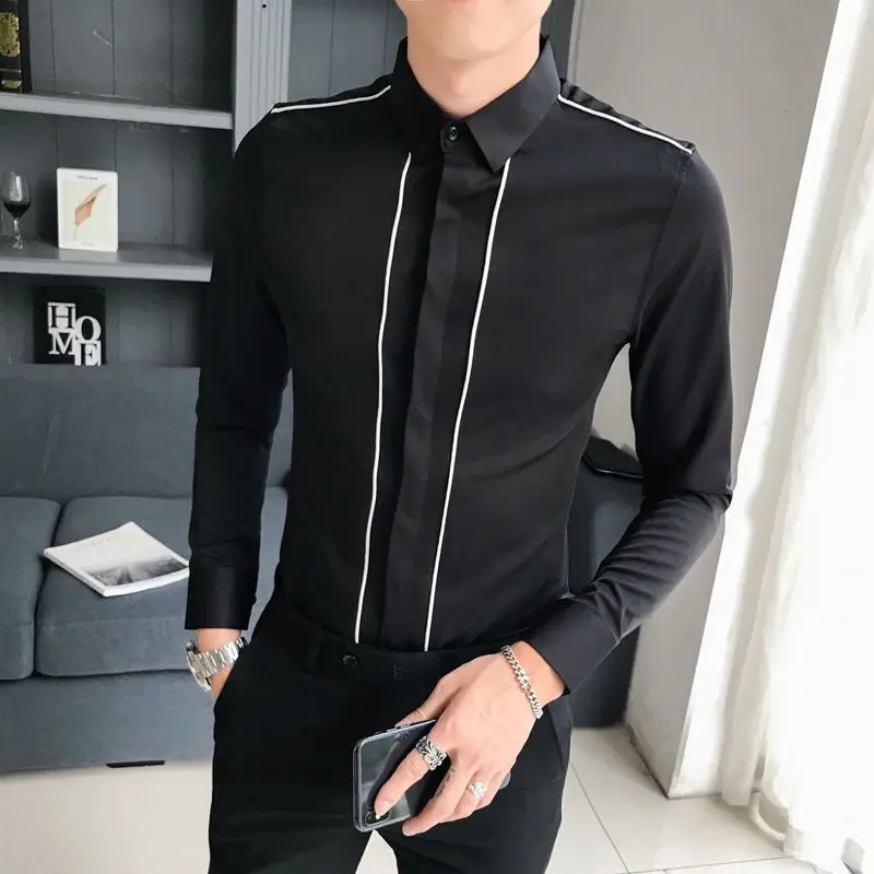 2024 New Spring and Autumn British Fashion Casual Versatile Slim Fit Color Blocking Foldover Collar Men\'s Long Sleeved Shirt Top