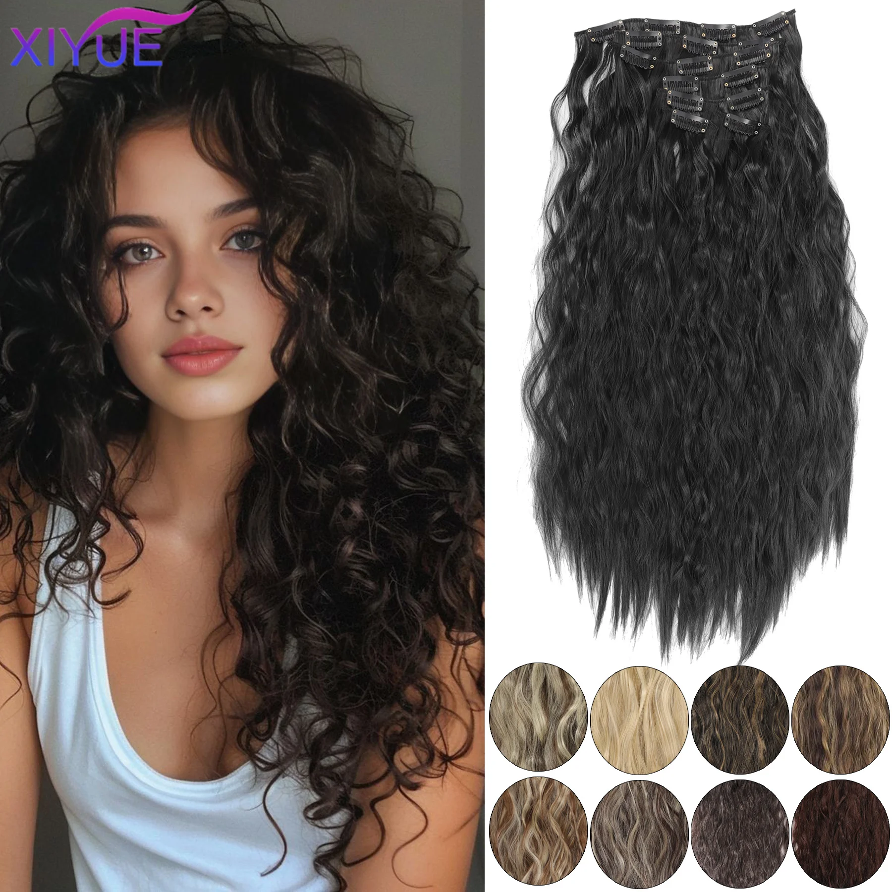 XIYUE Synthetic Hair 16 Clip In Hair Extension Clip for Women 6Pcs/Set 20Inch Long Kinky Curly Black Brown Blonde Hairpiece