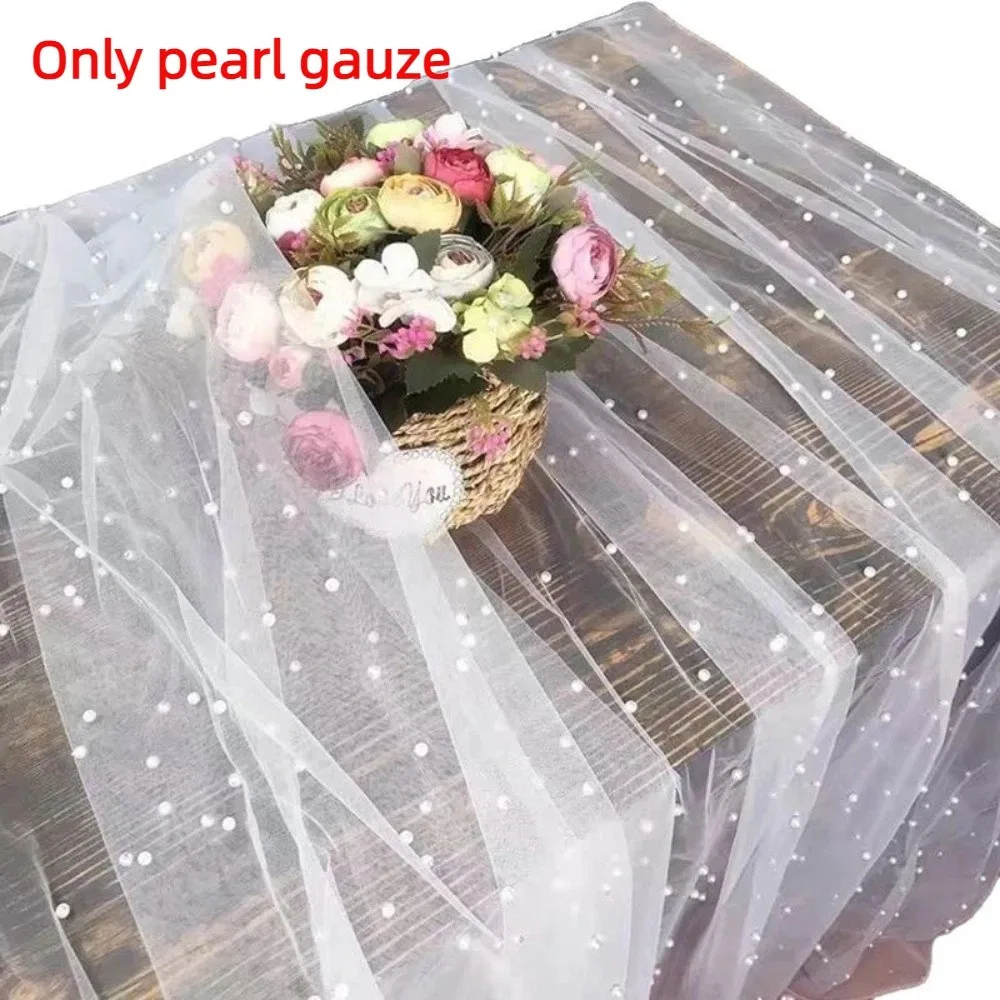 Table Decorations Mesh Fabric Pearl Table Runner Sheer White Tulle Bridal Veil Multi-size Rectangle Table Cloth Home Decoration