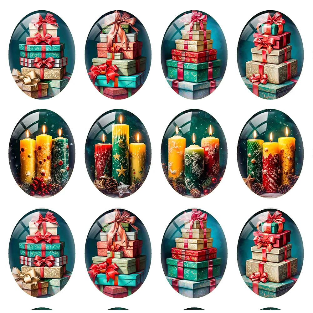 

10pcs/lot Christmas X-mas Green Red Yellow Candle Gift Boxes Oval Photo Glass Cabochon Flatback Demo Cameo Diy Jewelry Making