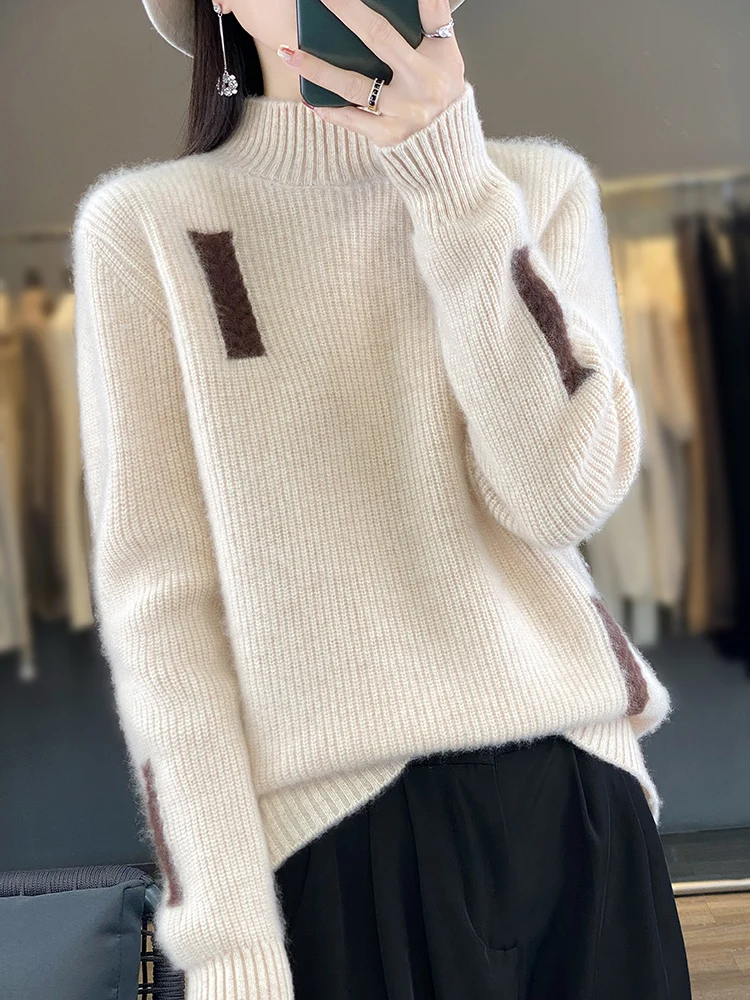 Women Cashmere Sweater 100% Merino Wool Pullover Mock Neck Jumper Soft Warm Knitwear Autumn Winter High Quality Tops Clothing