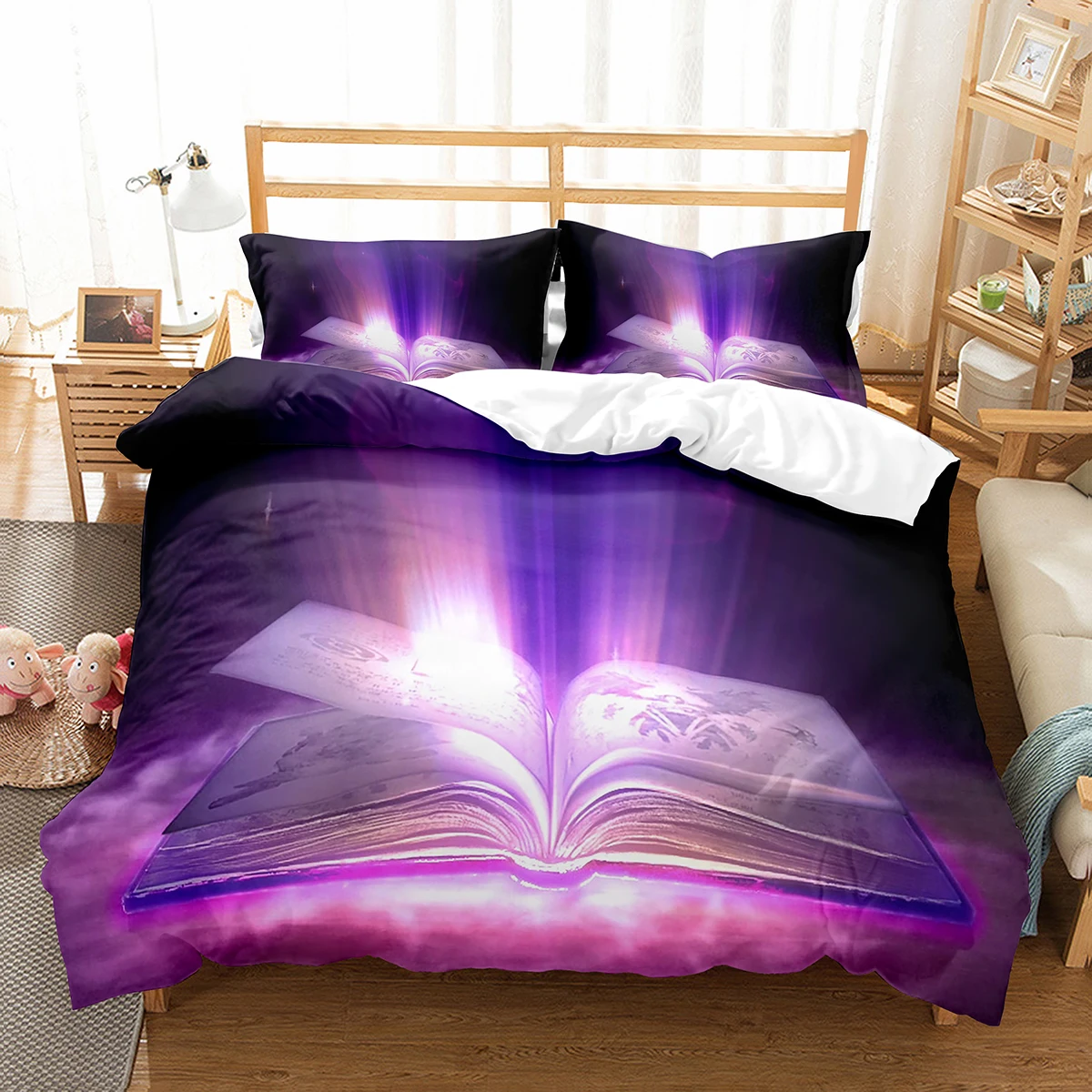 Magic Book Duvet Cover Set Purple Light Book Comforter Cover Lightweight Polyester Quilt Cover with Pillowcase for Kids Teens