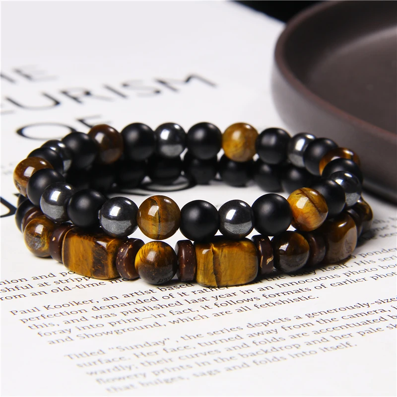 2 teile/satz Perlen Armband Natürliche Stein Tiger Eye Hämatit Perlen Armband Männer Energie Elastische Seil Armband Schmuck Paare Geschenke