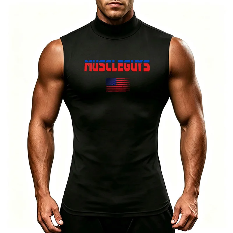 Men's Sleeveless Running T-Shirts Quick Dry Compression High Neck Fitness Top Breathable Sports Shirt For Athletic Workout