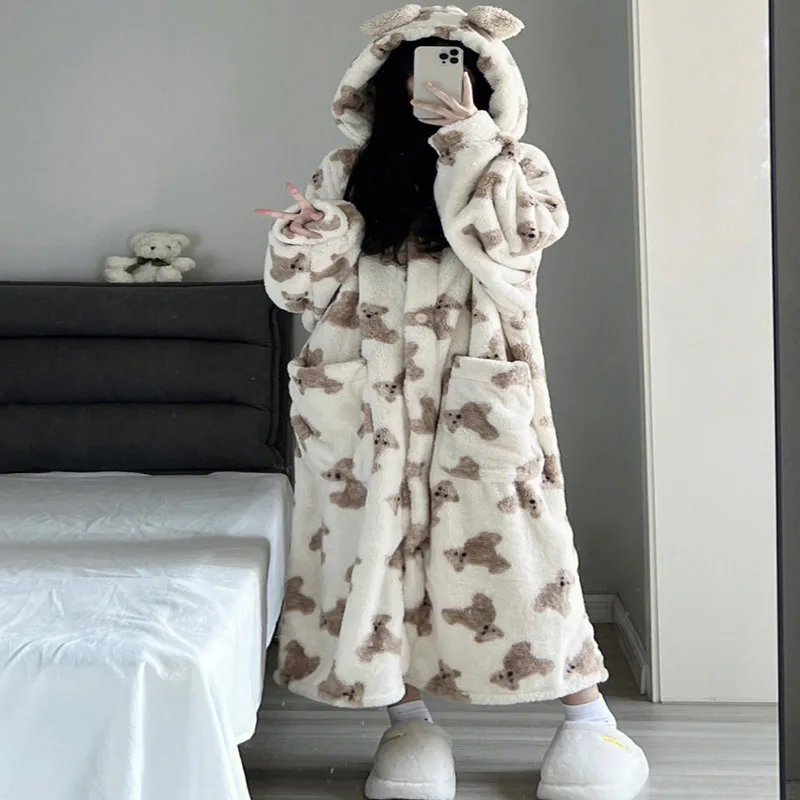 Fall And Winter Thickened Warm Long Coral Velvet Robe Girls Cute Bear Pajamas Women\'s Padded Plus Size Nightgown Ladies Homewear