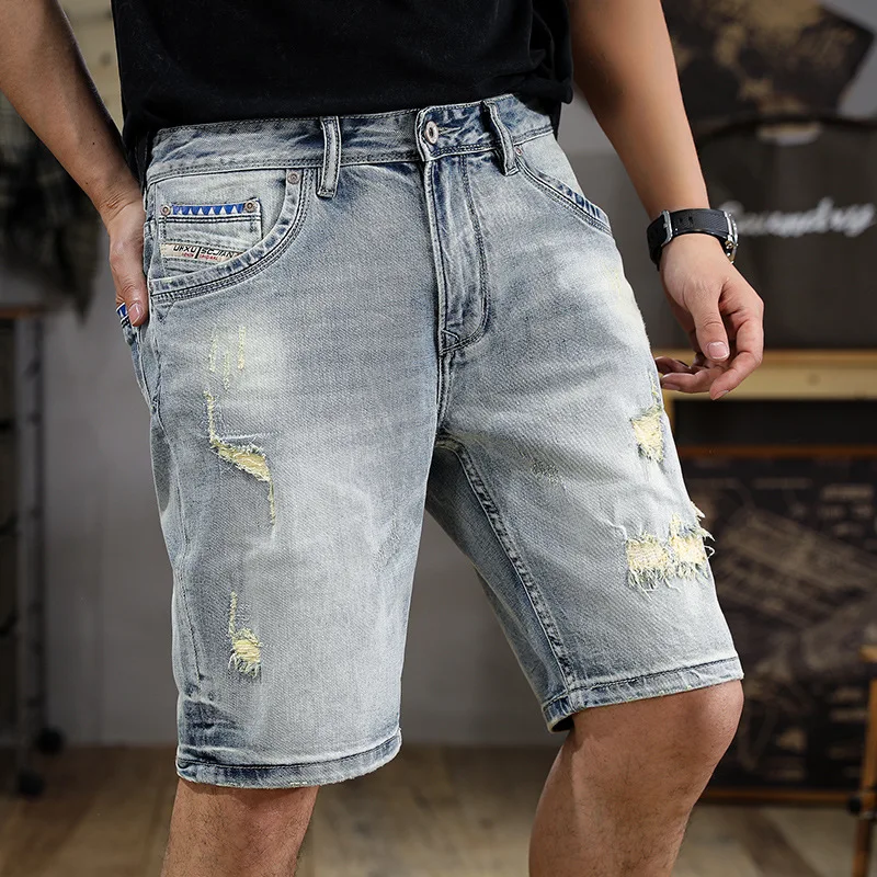 Retro Washed Scrape Men's Jeans Shorts Summer Matte White Slim-Fit Korean Style Ins Fashionable High-End Quality Straight Pants