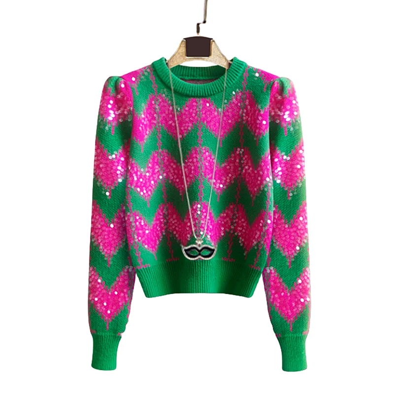 

Retro Fashion Sequined Sweater Women Spring Autumn O Neck Long Sleeve Contrast Color Knitted Tops Pullovers Jumpers