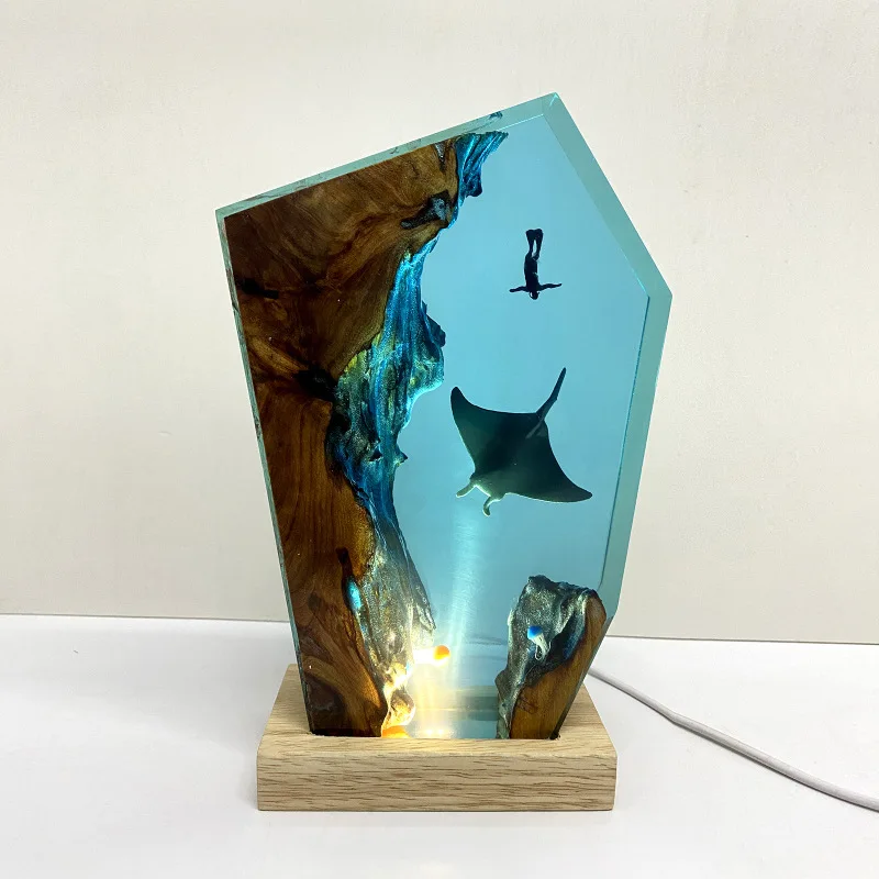 Manta Ray Resin Night Light, Ocean Themed Wood Base Decor, Christmas Birthday Gift for Home
