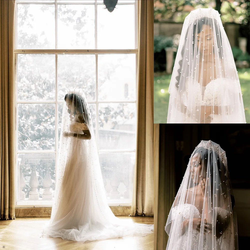 Pearl Bridal Veil Cathedral Long Luxury Tulle Veil Cover Face White Ivory 3M Wedding Accessories