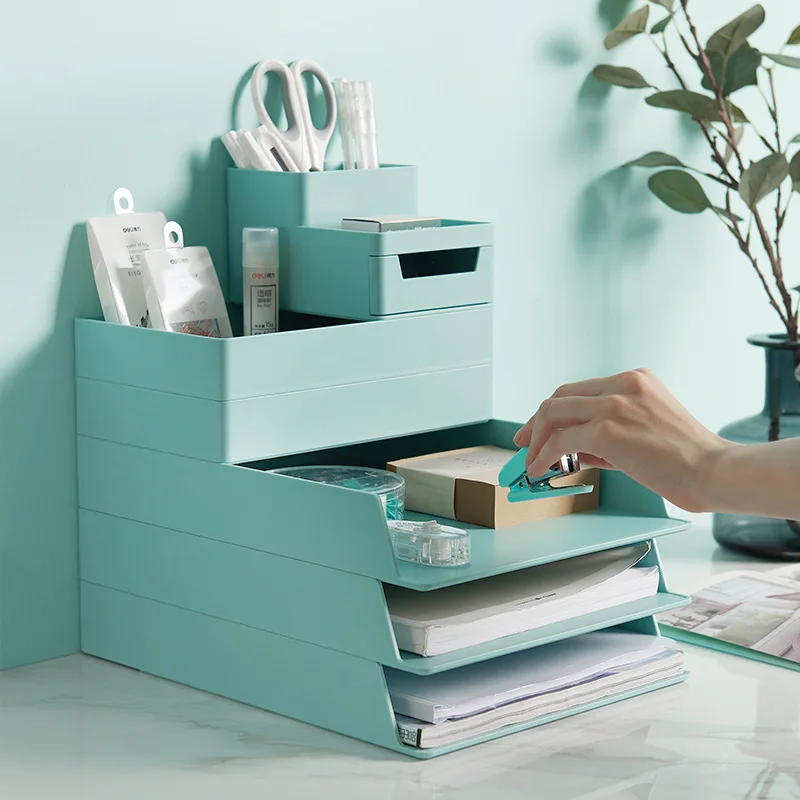 

Office Desktop Storage Box Can Be Stacked A4 Can Be Pulled Out Stationery File Sorting Box Multifunctional with Drawer Penholder